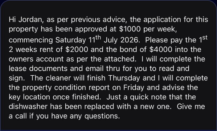 Property approved at $1,000/week — Jordan