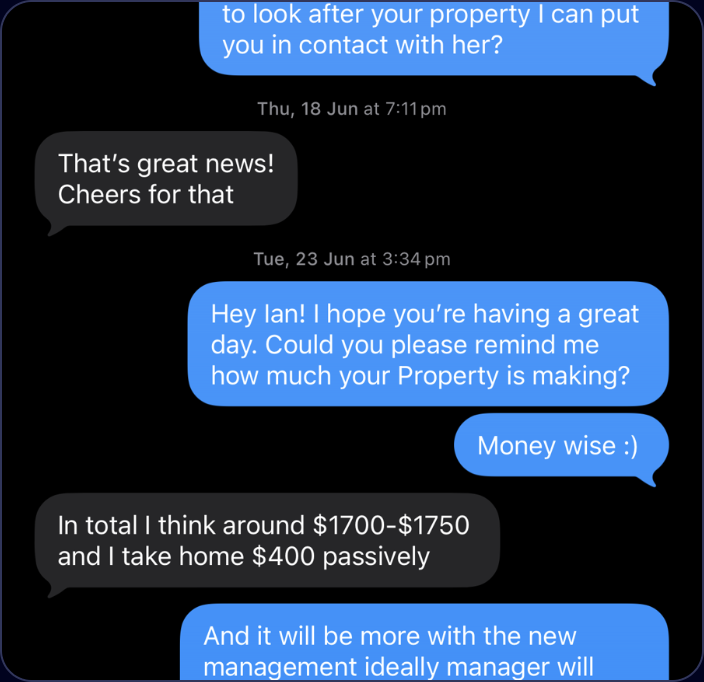 Ian confirms $1,700-$1,750/week income